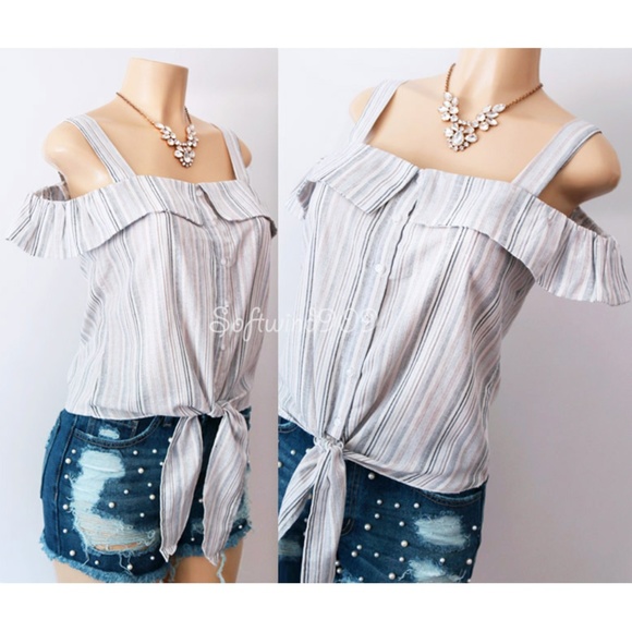 Last☝️ Striped Off Shoulder Button Tie Front Top - Picture 3 of 8